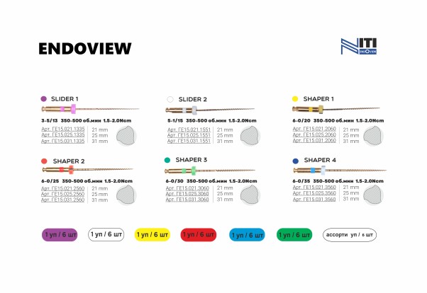 ENDOVIEW ((13/03, 15/05, 20/06, 25/06, 30/06 x2) - ассорти, файлы для корневой обработки, тип NiTi 31мм (6шт), Geosoft / Россия-Израиль